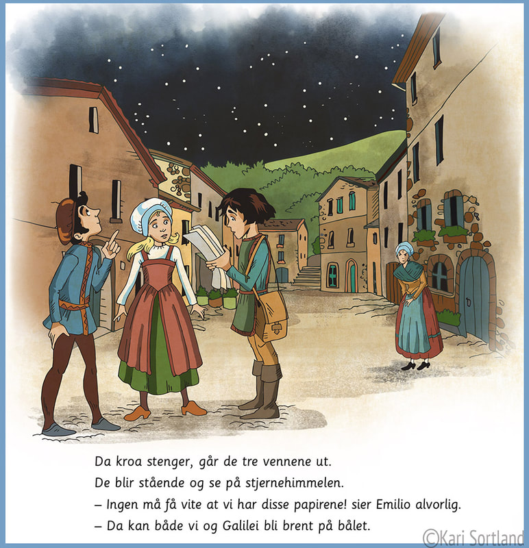 Fagbokforlaget, samfunnsfag, Renessansen, Galilei Galileo, Barnebokillustrasjon, illustratør, illustrasjoner